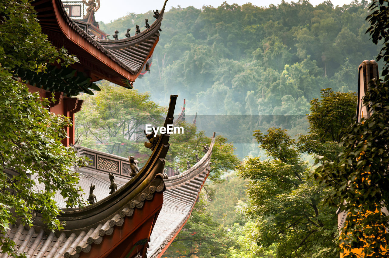 View of temple outside building. lingyin temple buddhist monastrery in forest, hangzhou - china 