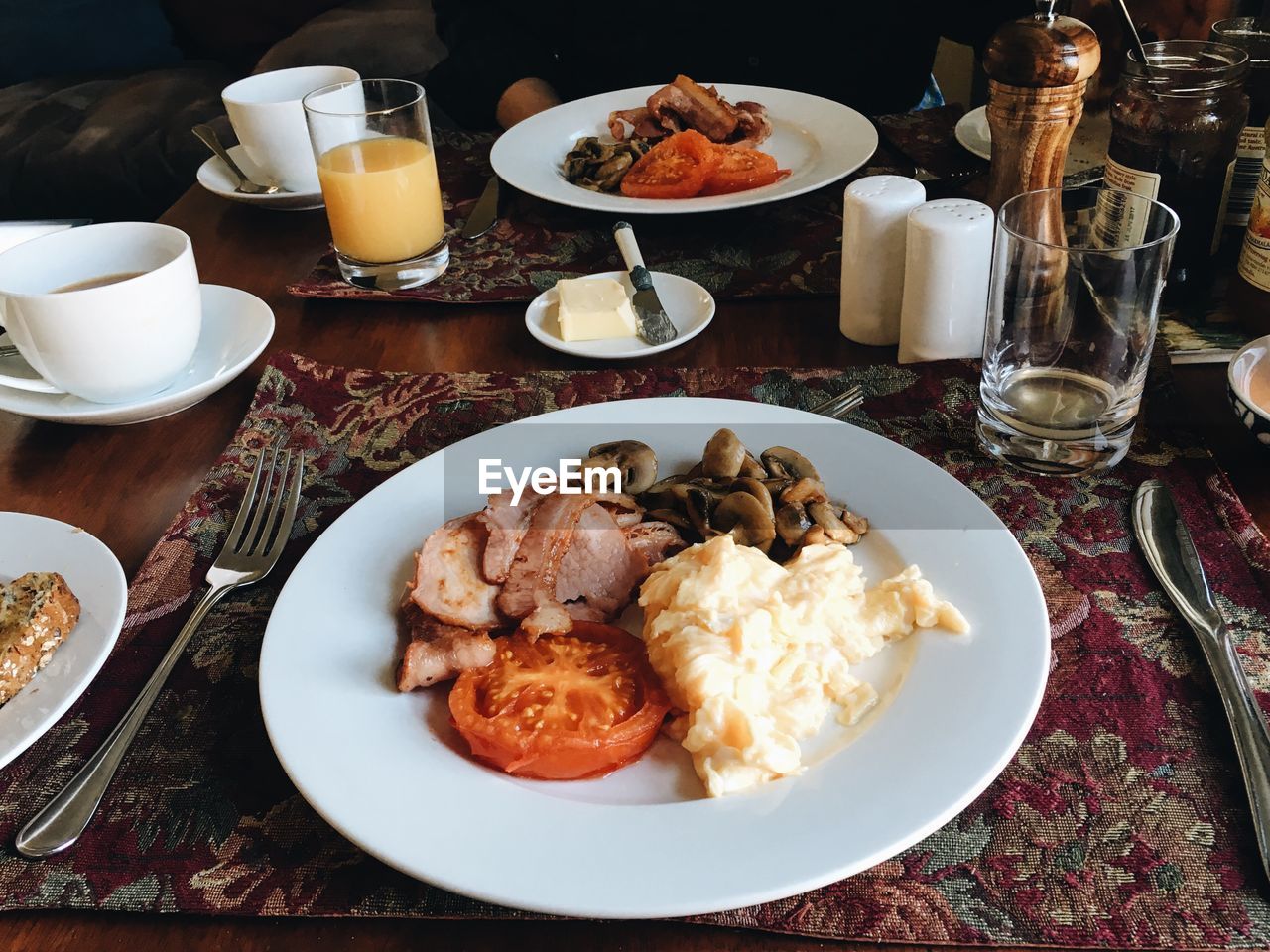 High angle view of food served on table