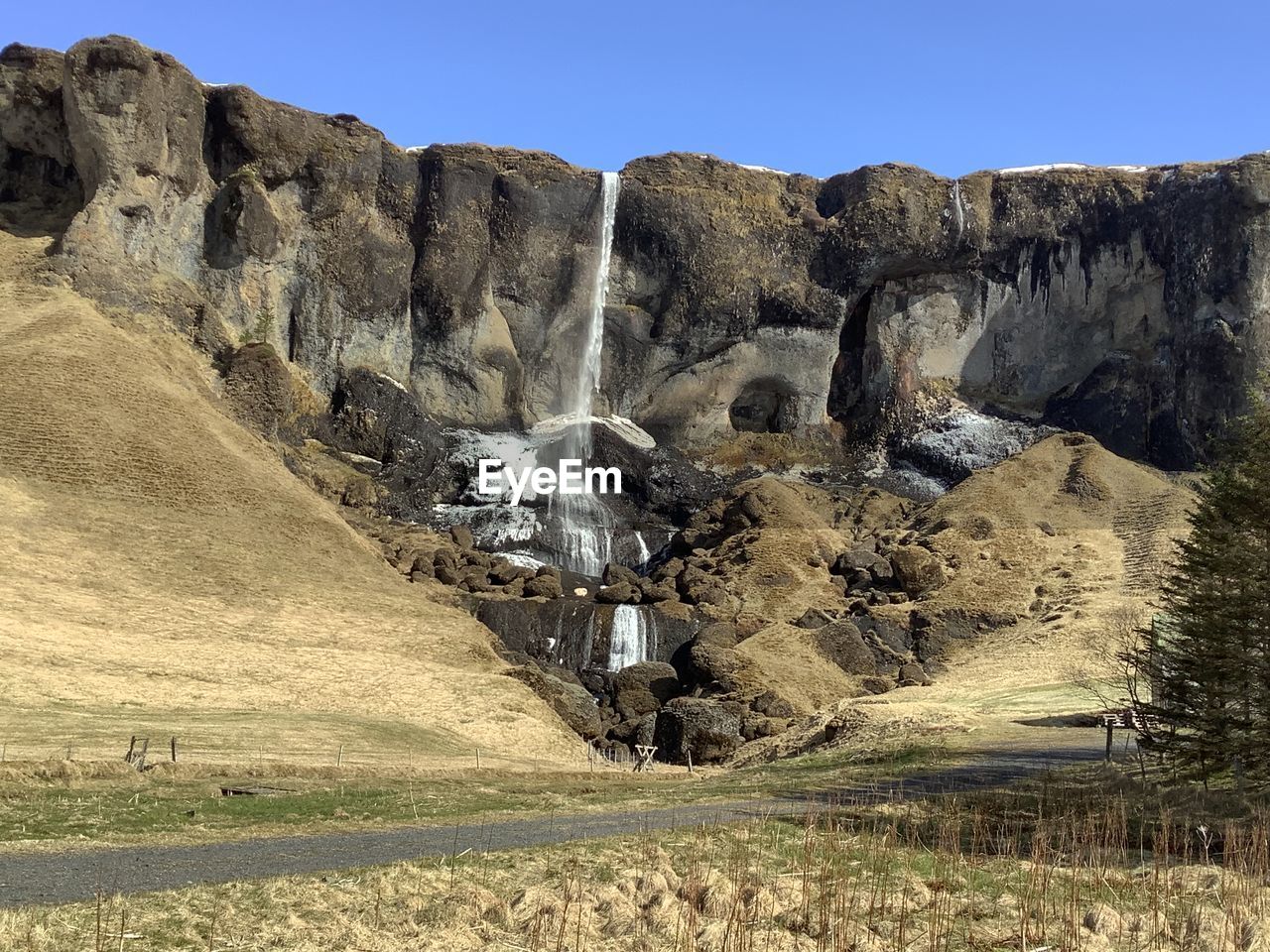 Landscape of a waterfall in iceland against the clear sky