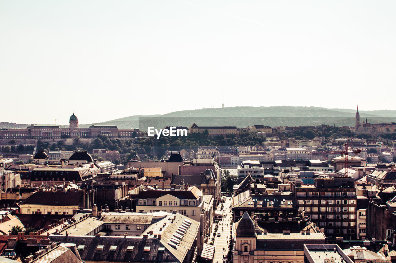 High angle view of townscape against clear sky