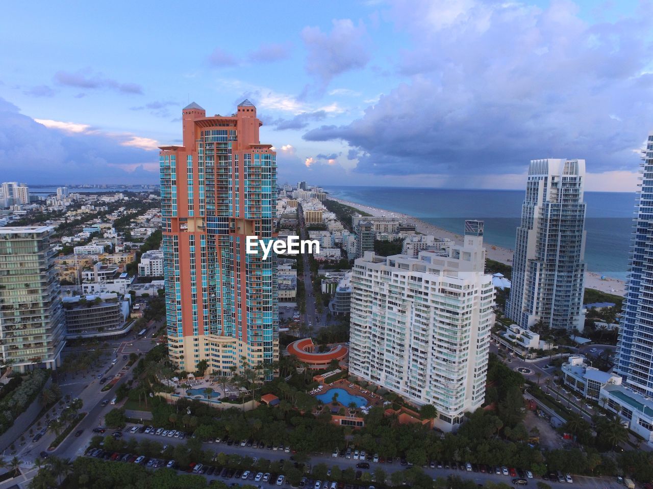 High angle view of buildings in city against sky