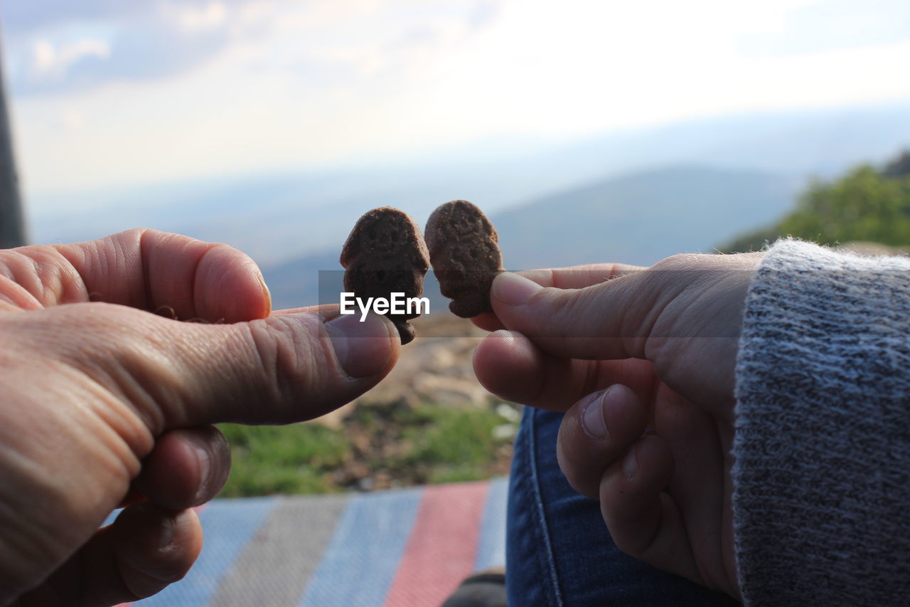 Close-up of people holding hands against sky