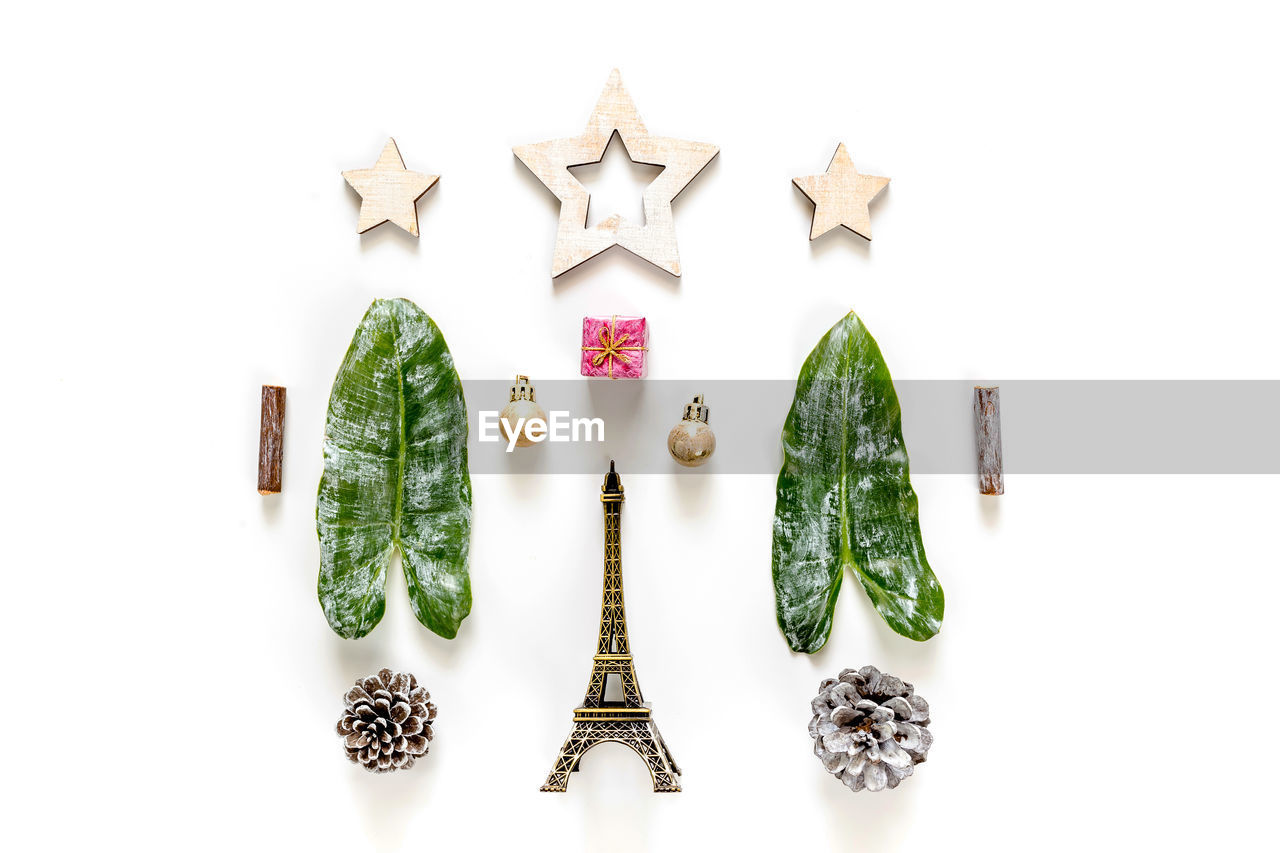 Close-up of christmas decorations on white background