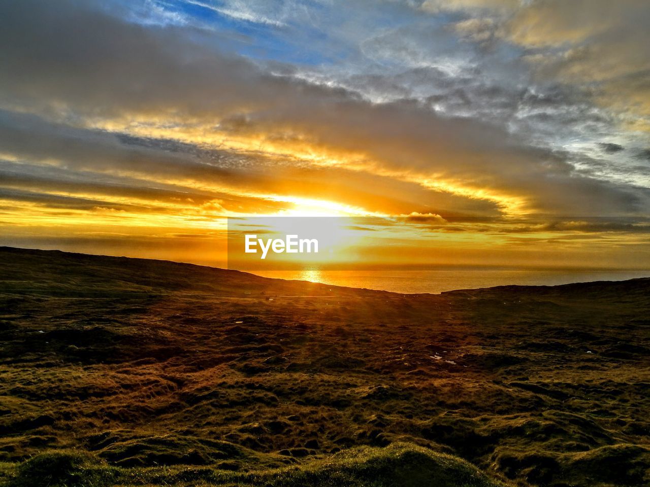 SCENIC VIEW OF GRASSY FIELD AGAINST SKY DURING SUNSET