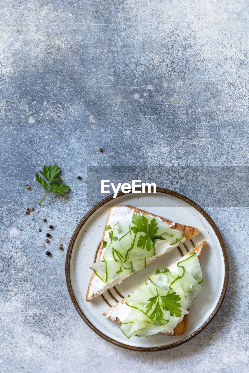 Healthy breakfast or holiday snacks. toast with cucumbers, herbs and ricotta on a light slate. 