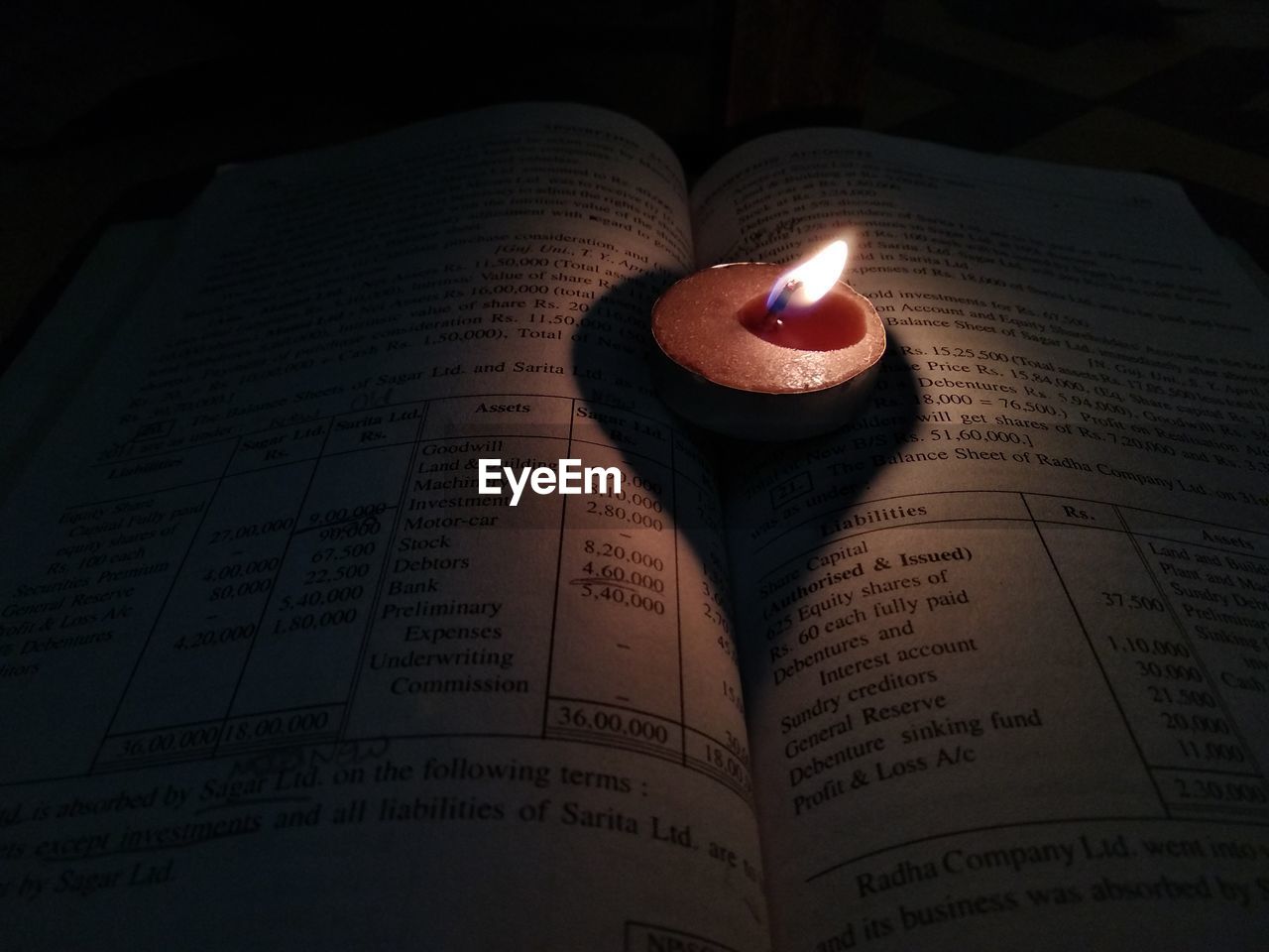 Close-up of lit tea light on open book in dark