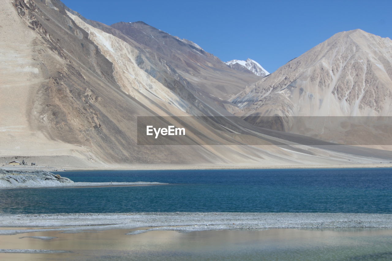 Scenic view of snowcapped mountains by sea against sky