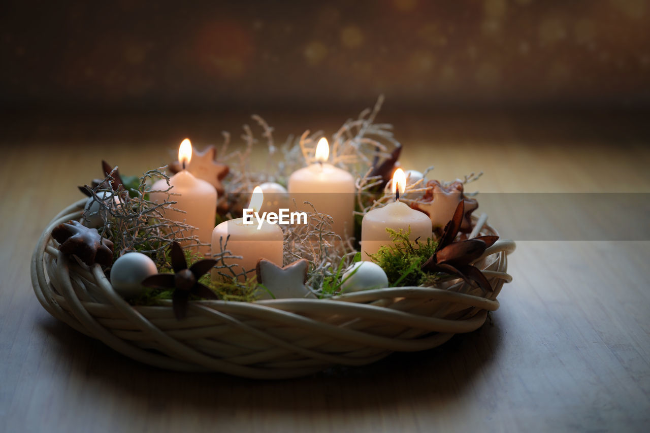 high angle view of christmas decorations on table