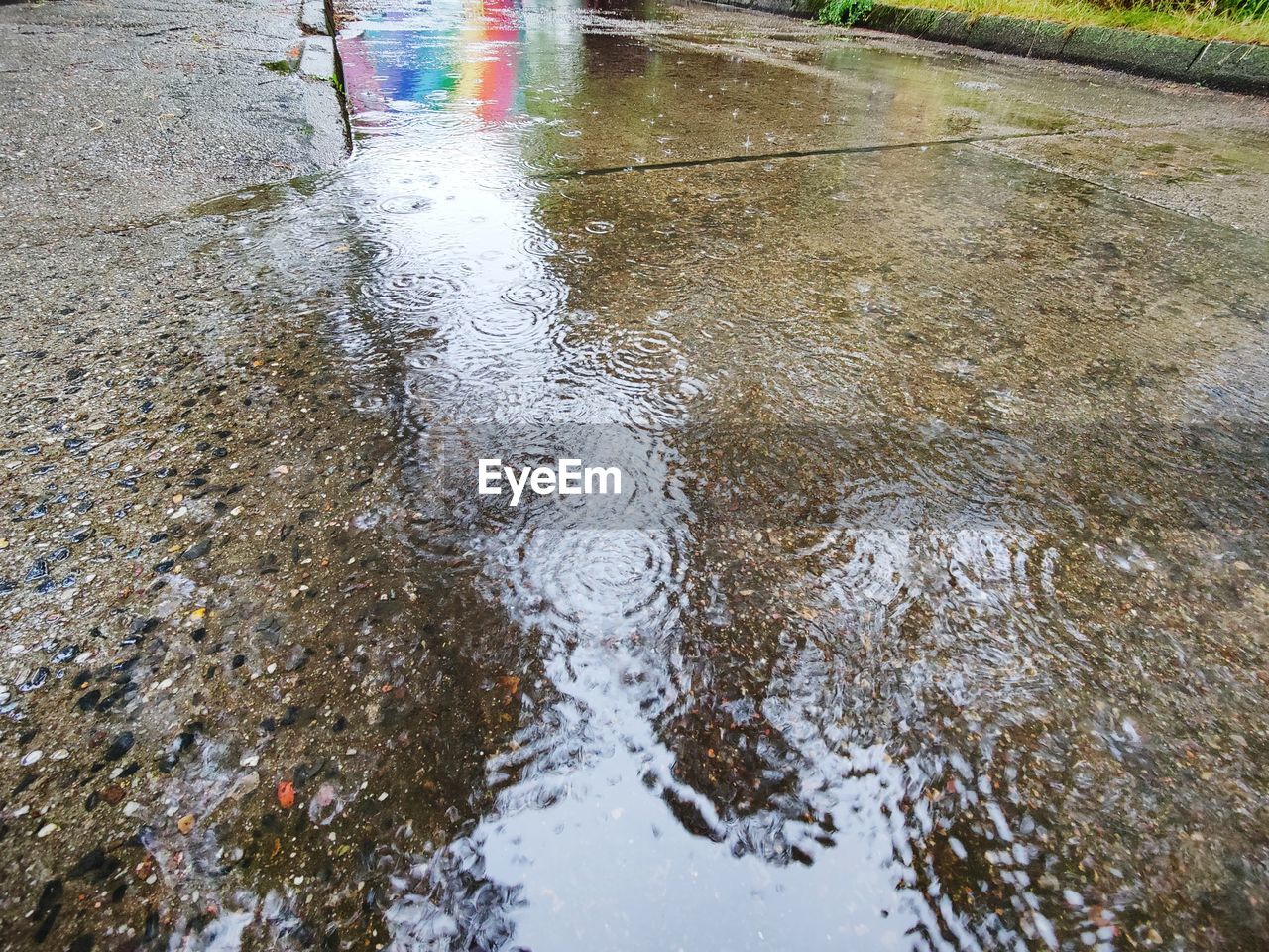 High angle view of raindrops on puddle with rainbow colors in the background