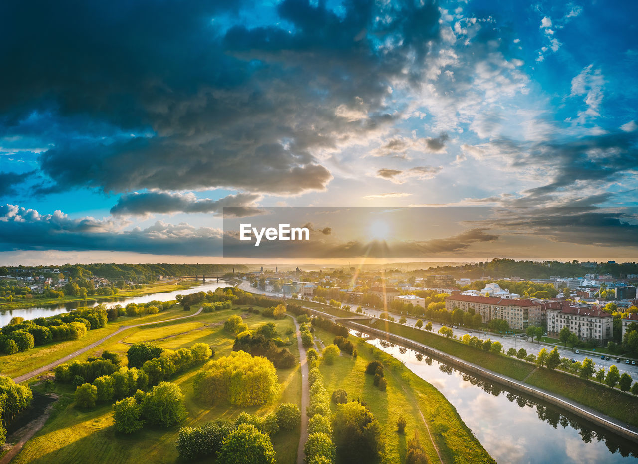 Aerial view of townscape during sunset