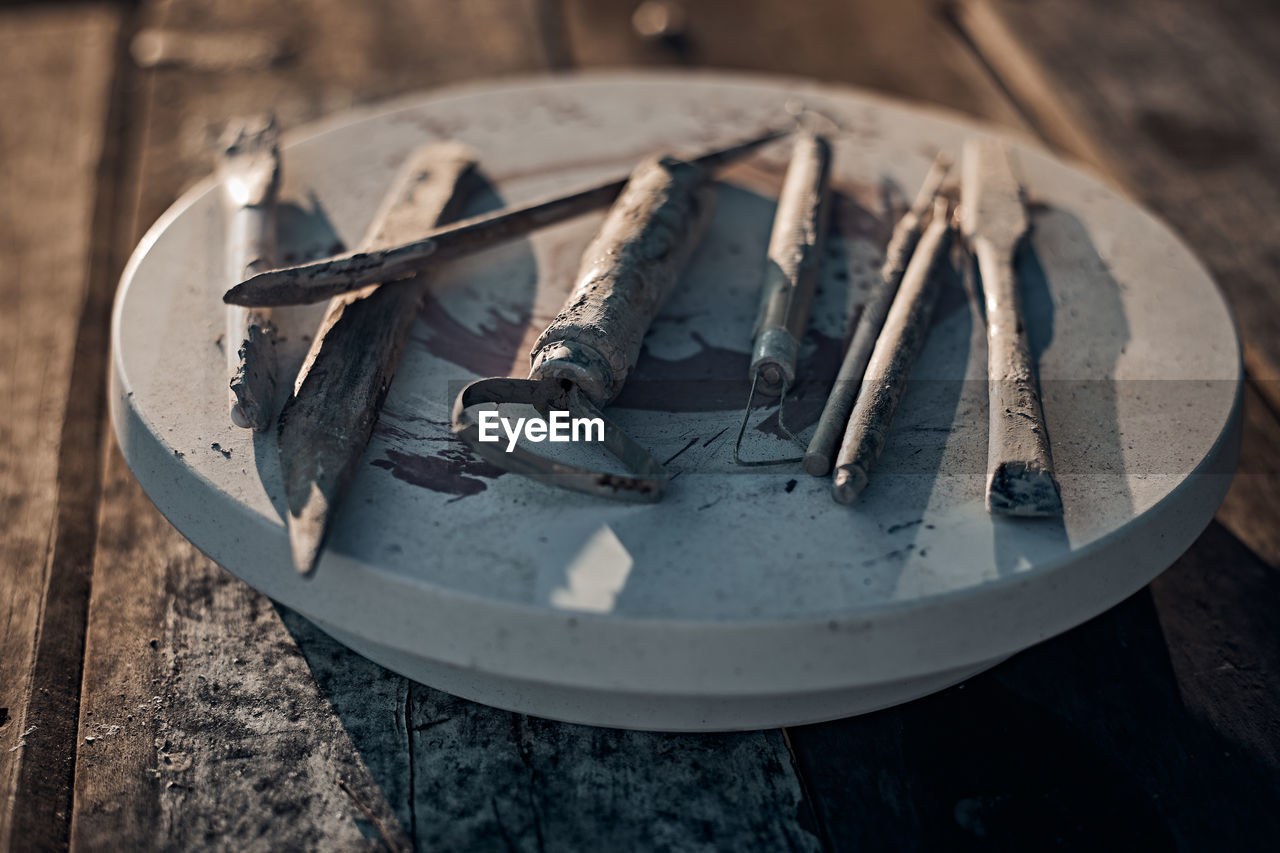 High angle view of work tools on table