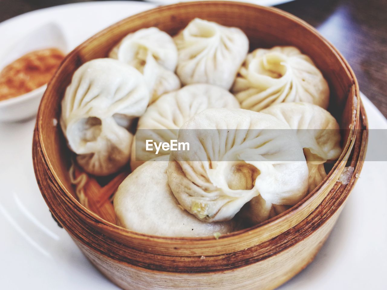 High angle view of dumpling in bowl on table