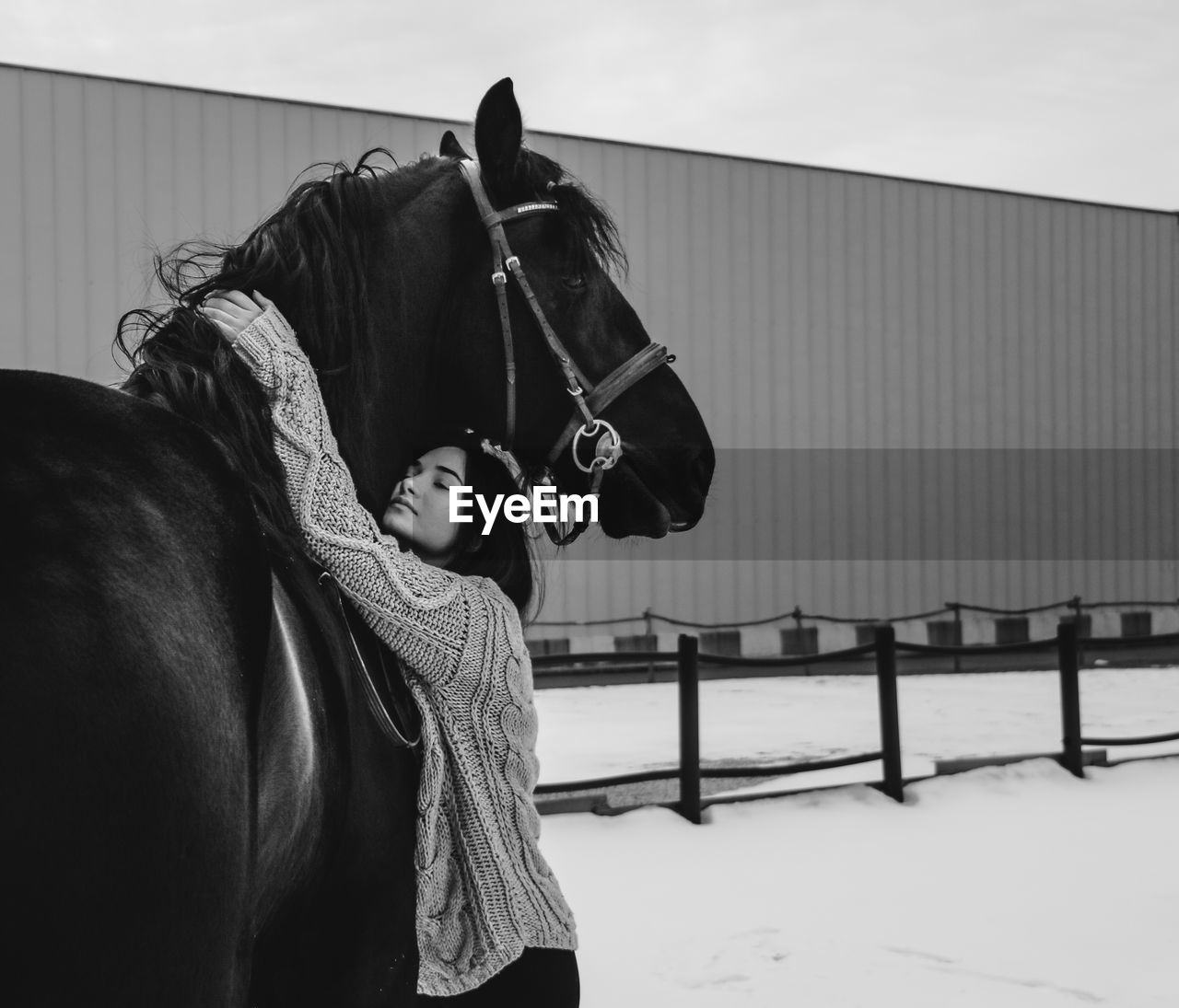 Woman embracing horse while standing in snow