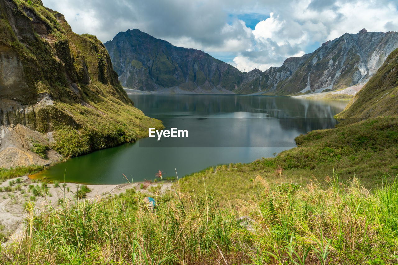 Scenic view of lake and mountains against sky