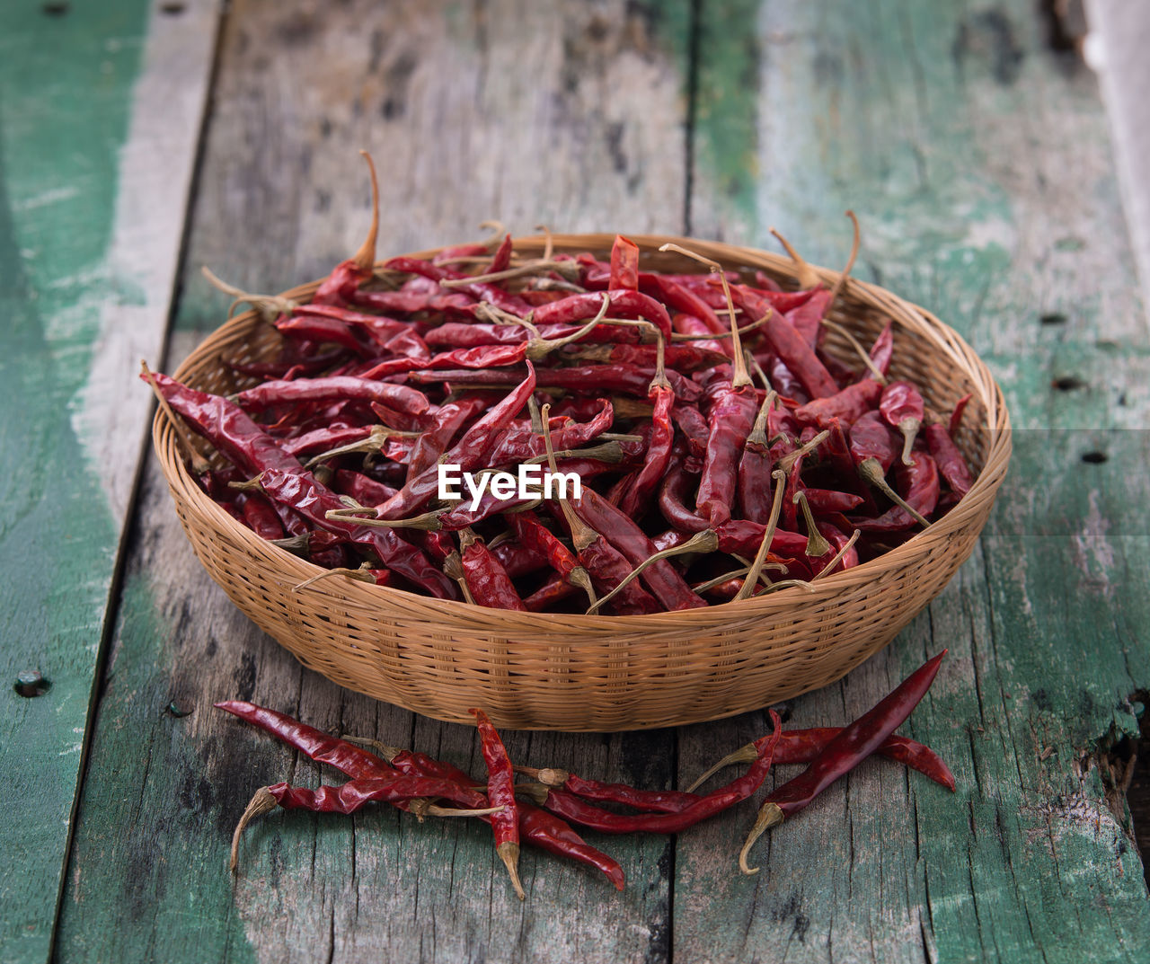 HIGH ANGLE VIEW OF RED CHILI PEPPERS IN BASKET