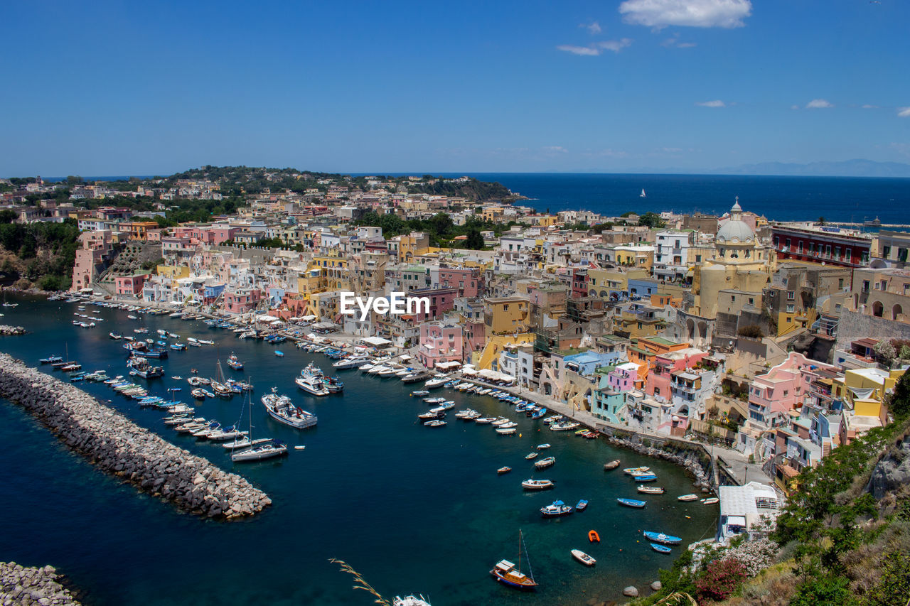 Panoramic view of beautiful procida in sunny summer day