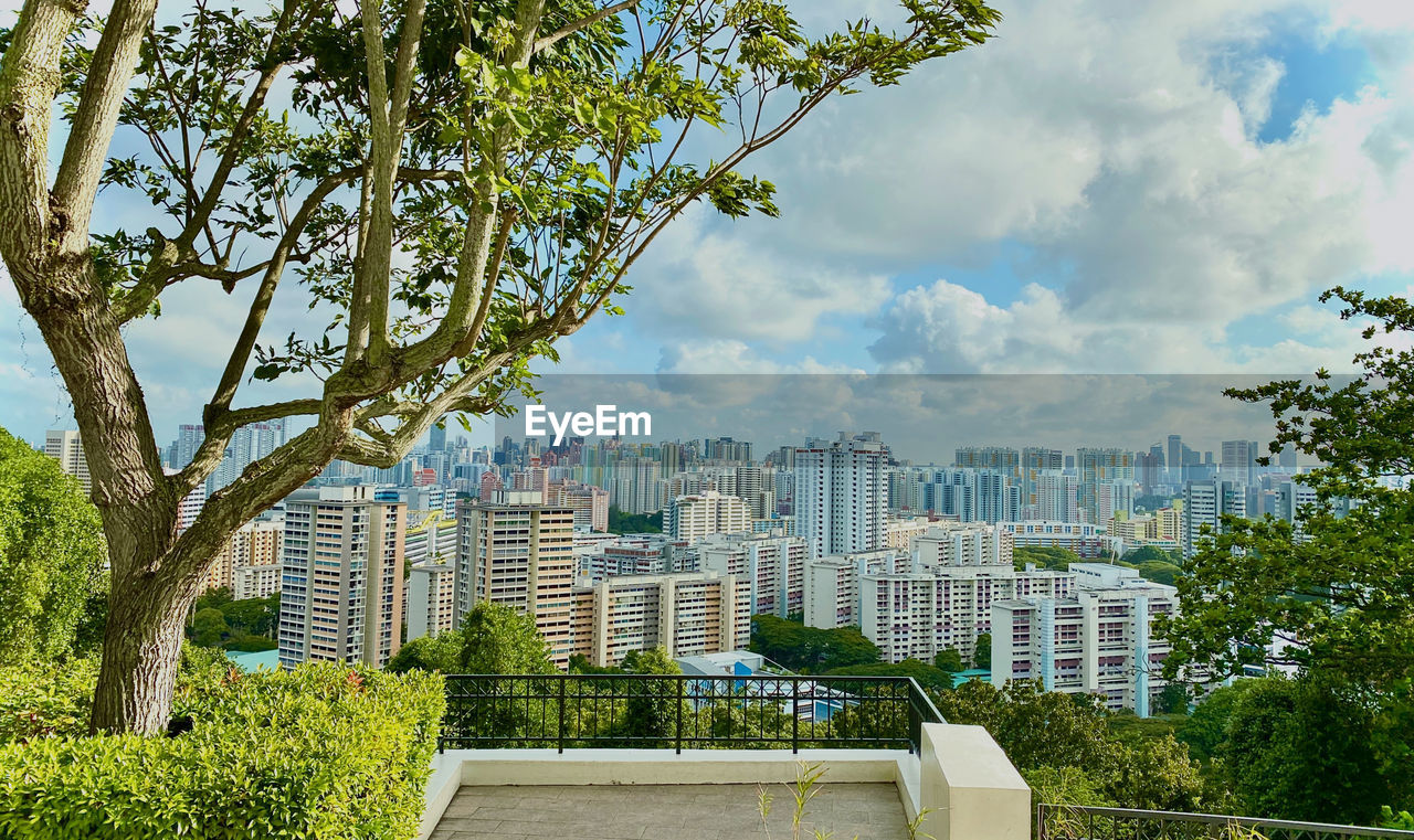 View of trees and buildings in city against sky