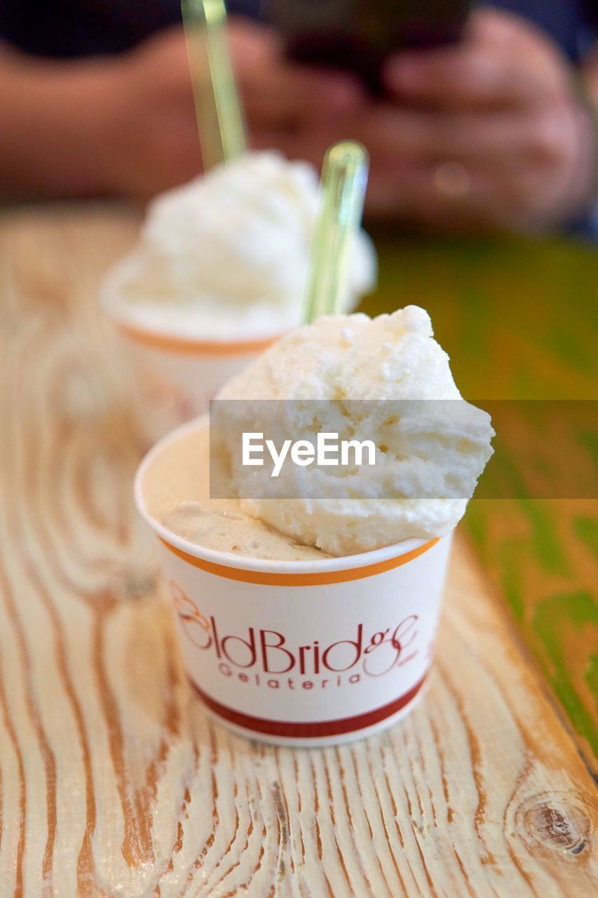 CLOSE-UP OF ICE CREAM WITH SPOON ON TABLE