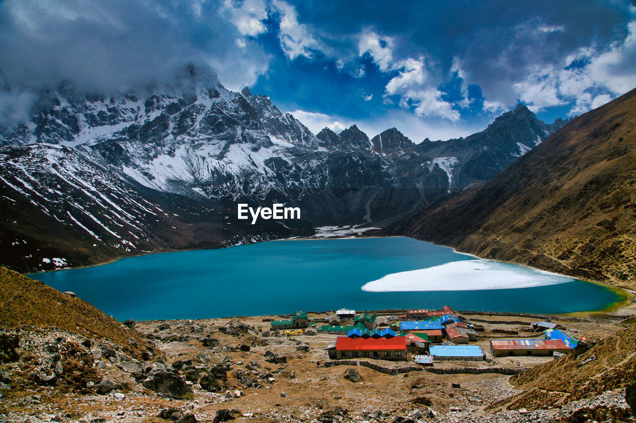 Scenic view of lake by mountains against sky