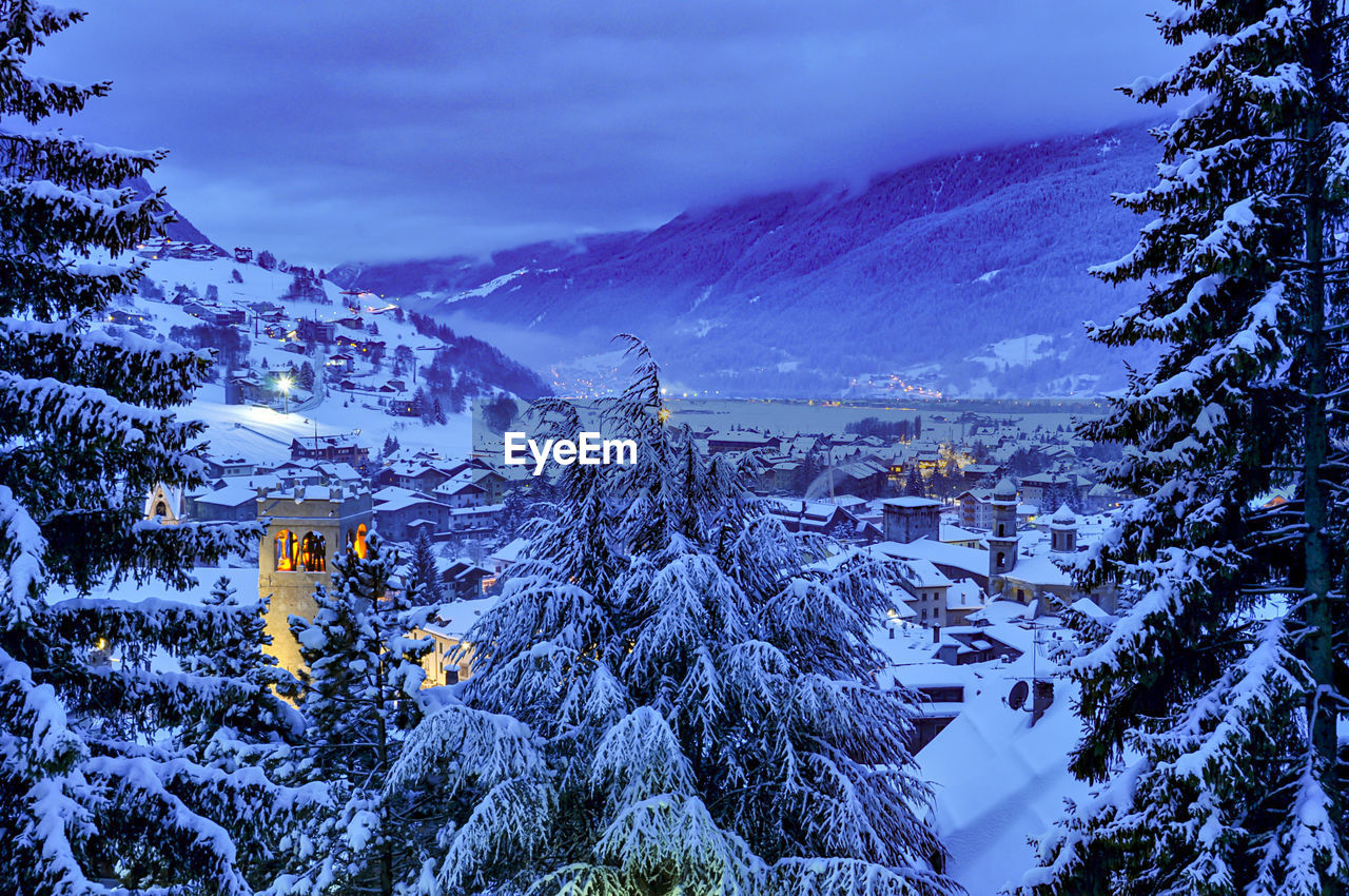 Winter evening in a town in the alps