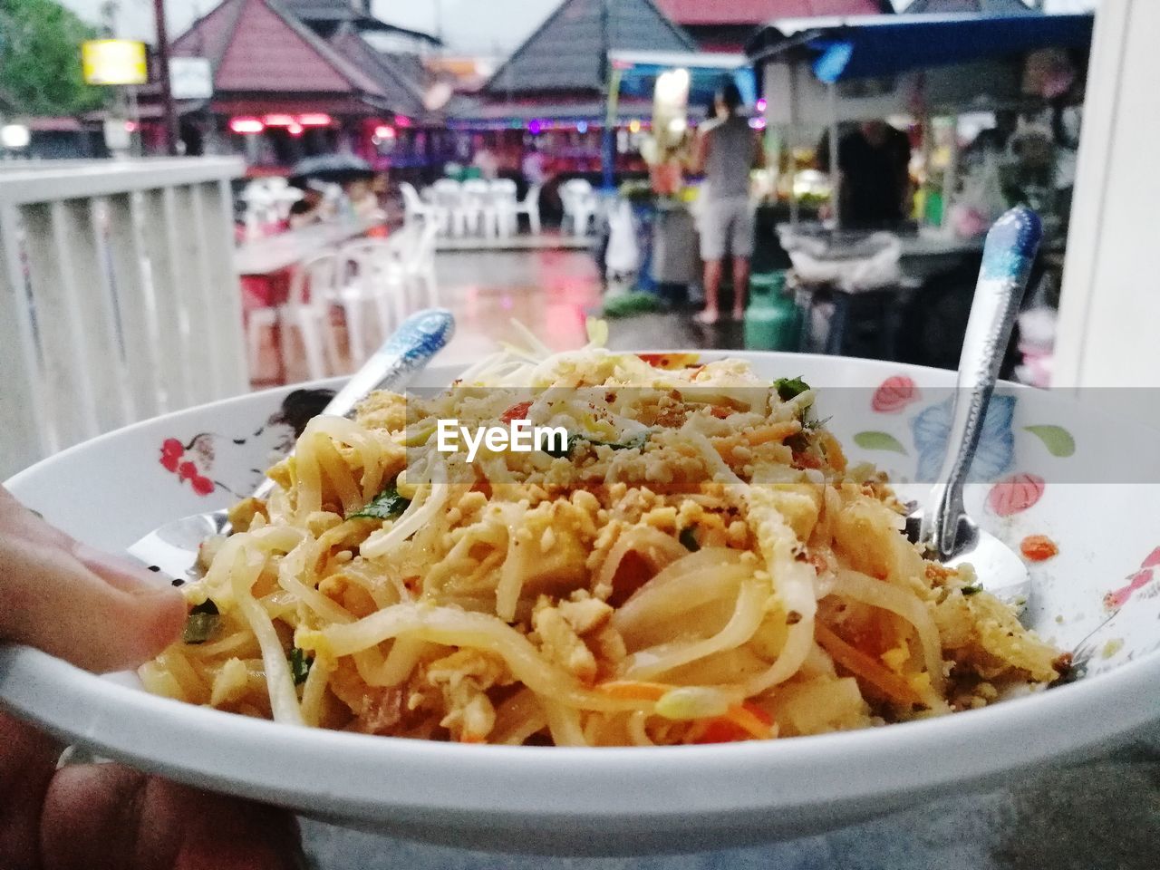 Close-up of noodles in bowl at restaurant