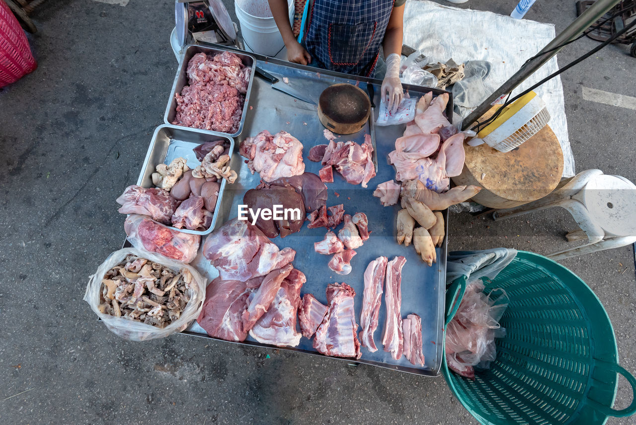 HIGH ANGLE VIEW OF PEOPLE STANDING IN MARKET