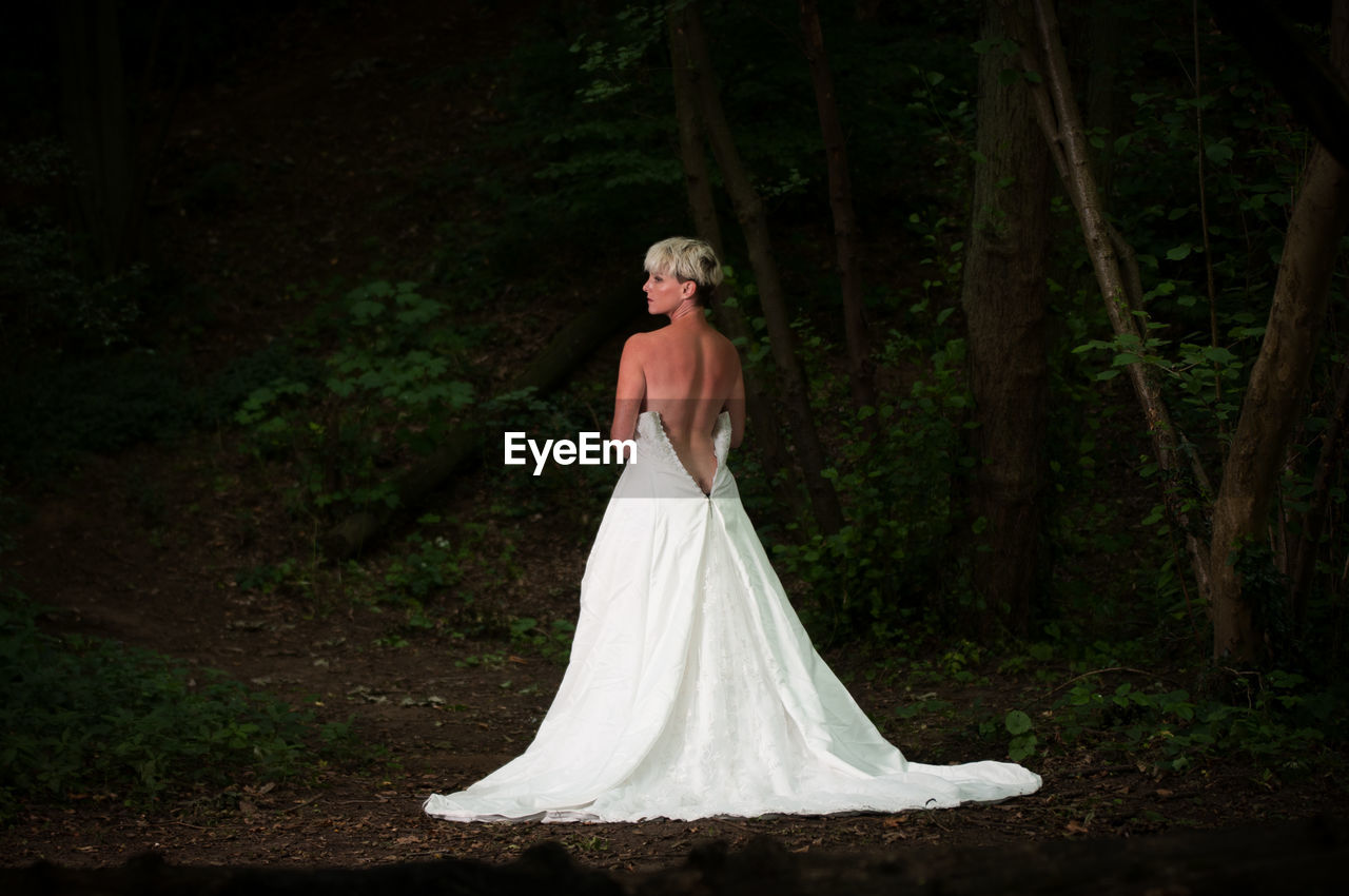 Rear view of bride wearing backless wedding dress in forest