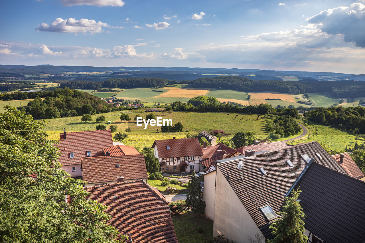 HIGH ANGLE VIEW OF HOUSES ON LANDSCAPE AGAINST SKY