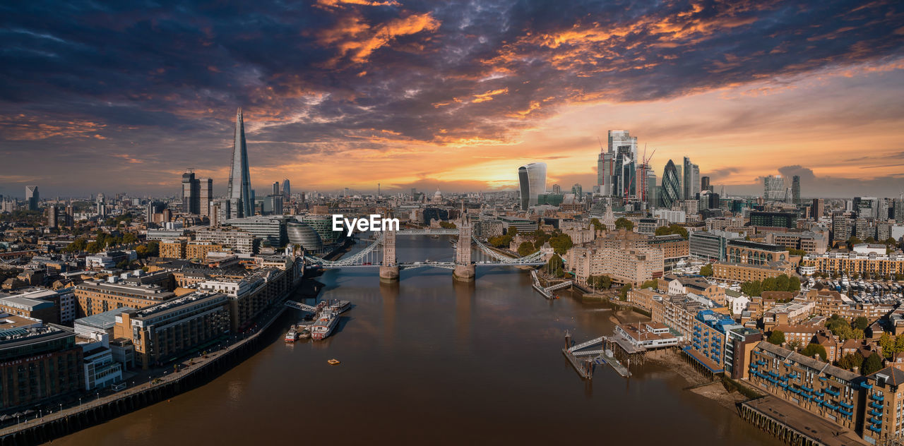 Aerial panoramic cityscape view of london and the river thames