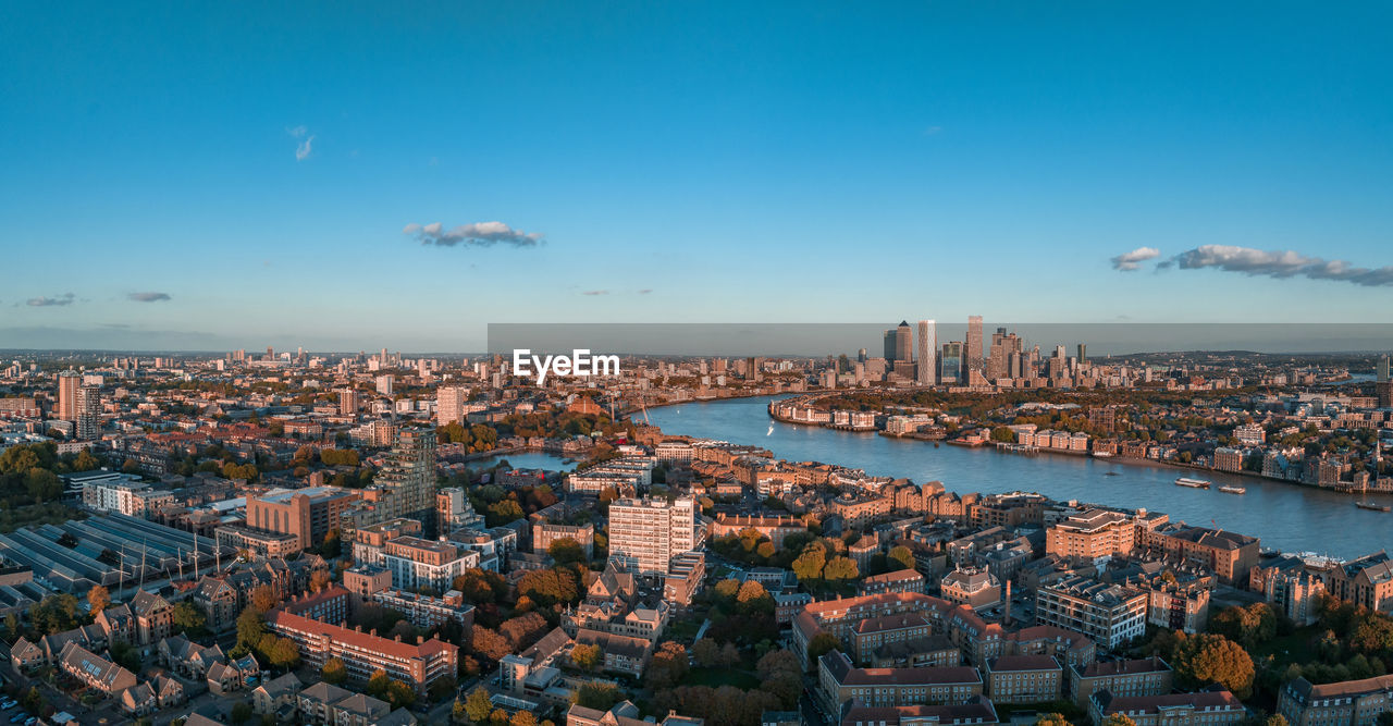 Aerial panoramic skyline view of canary wharf, the worlds leading financial district in london, uk.