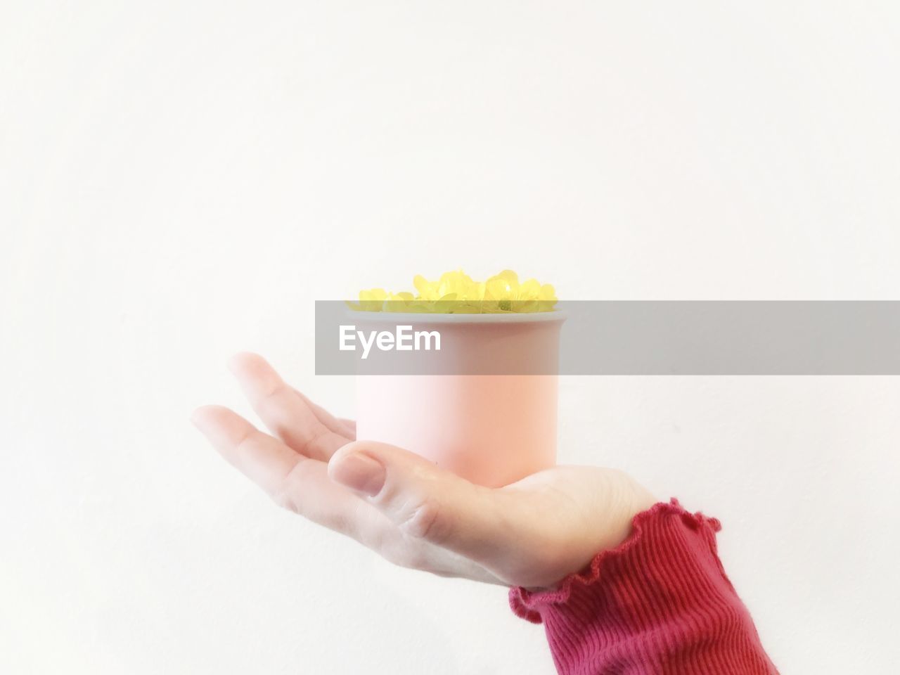 CROPPED HAND HOLDING ICE CREAM AGAINST WHITE BACKGROUND