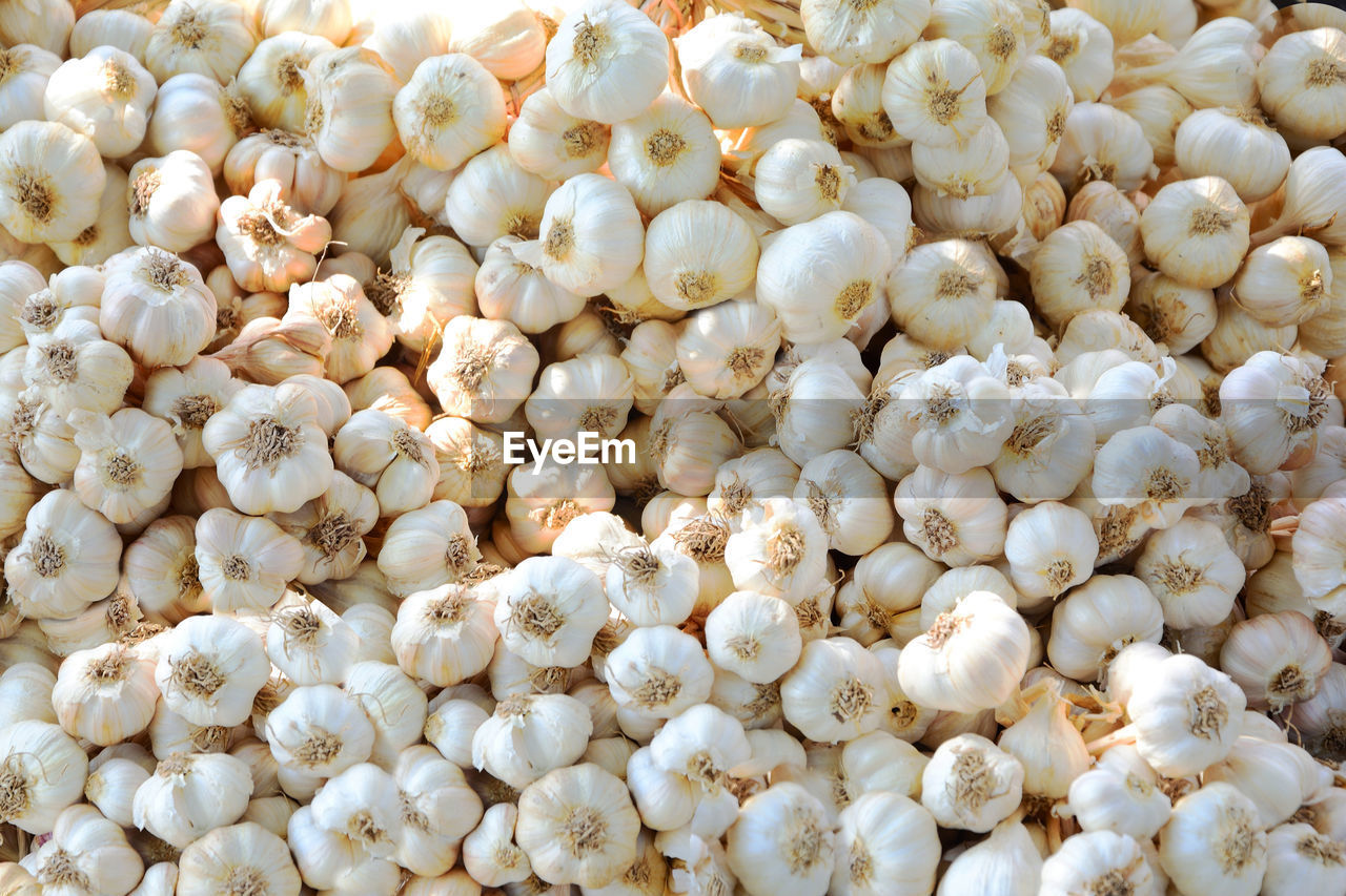 Full frame shot  of white garlic stacks texture background
