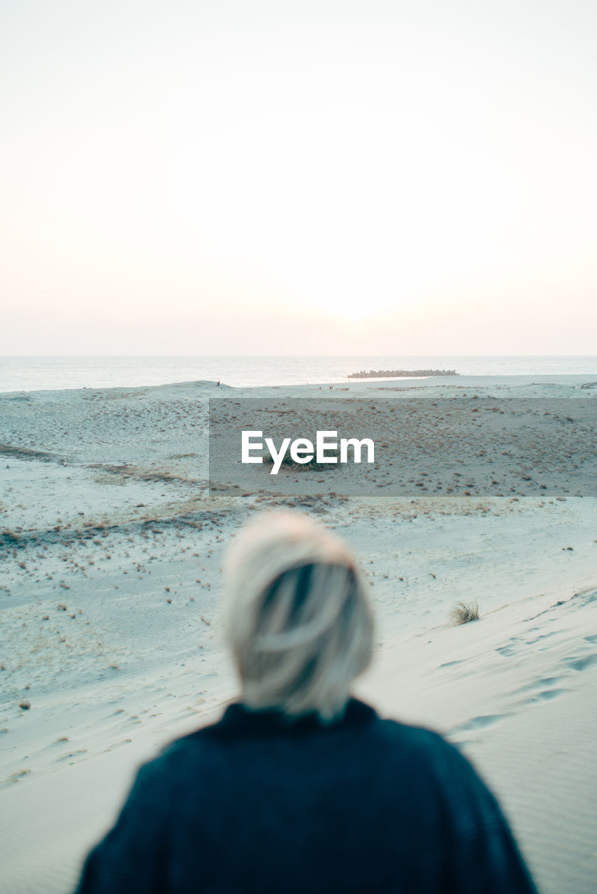 Rear view of man on beach against clear sky