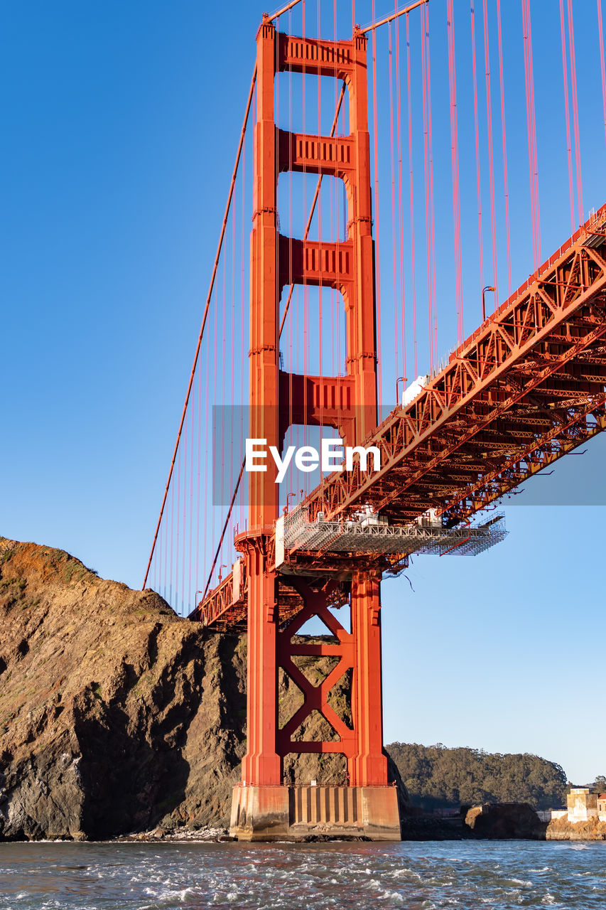 GOLDEN GATE BRIDGE OVER SEA AGAINST CLEAR SKY