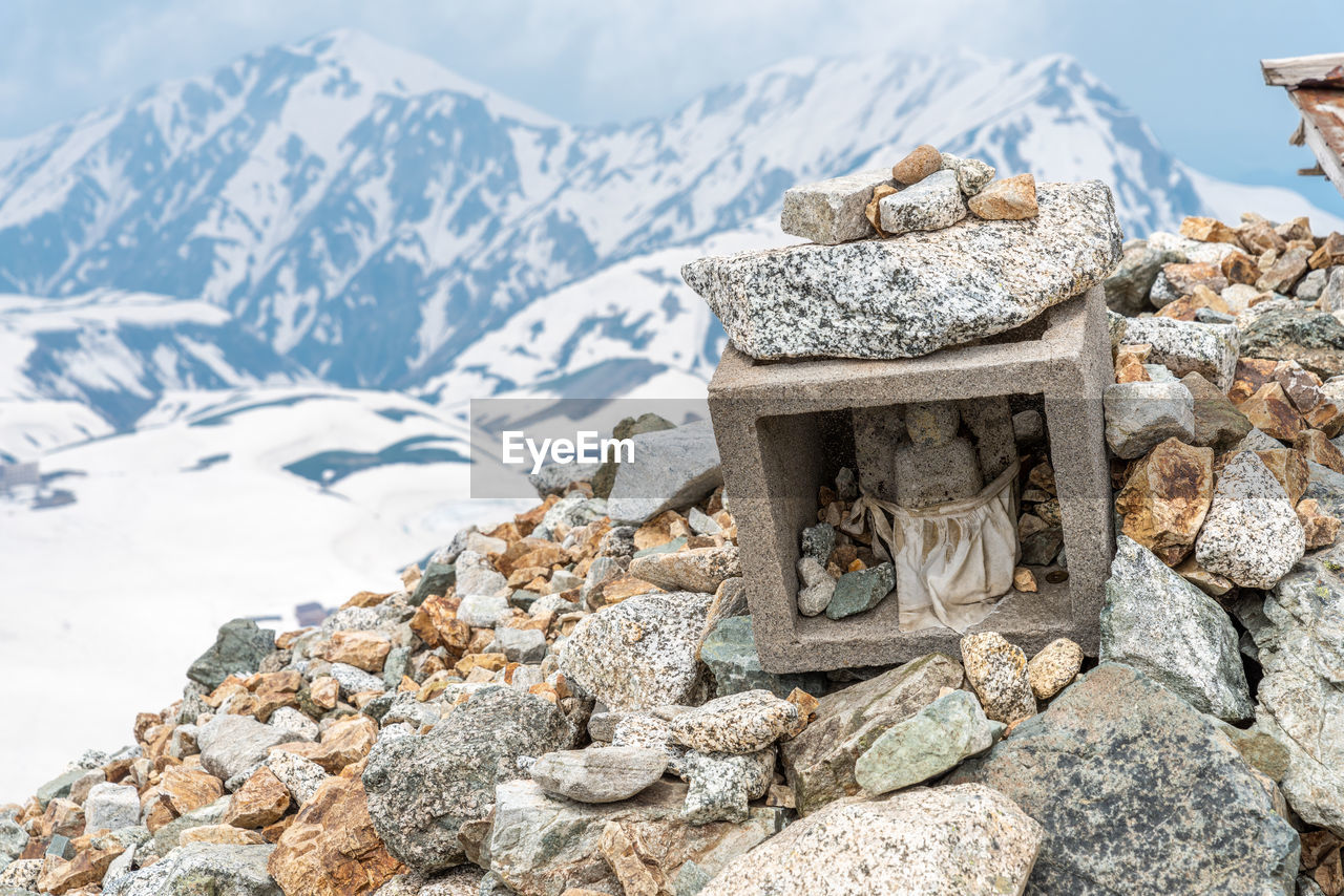 High angle view of rocks on snowcapped mountain