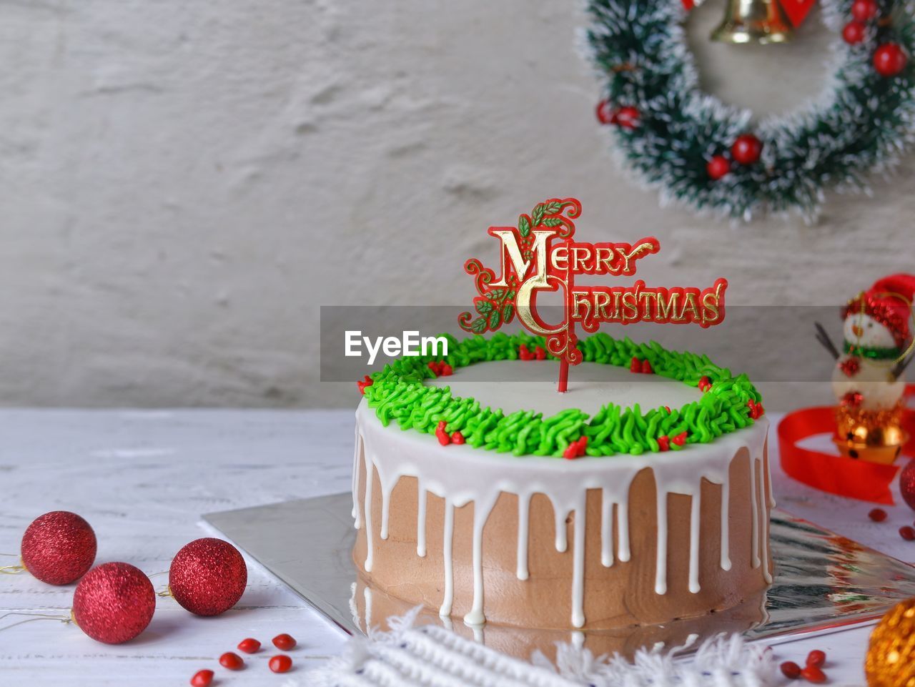 Close-up of dessert on table, close-up of cake with christmas decorations on table