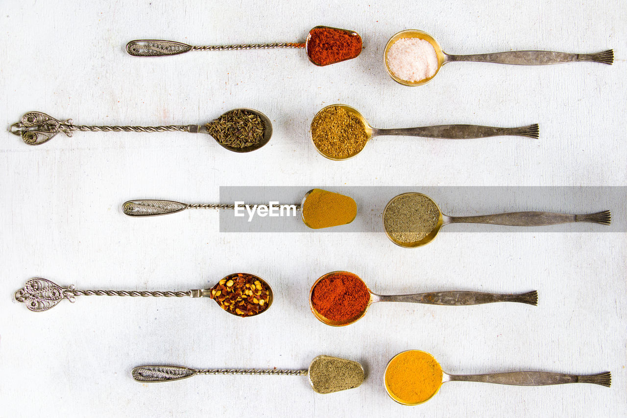 Variation of spices on the vintage silver spoons, all spices on the table, colorful food background