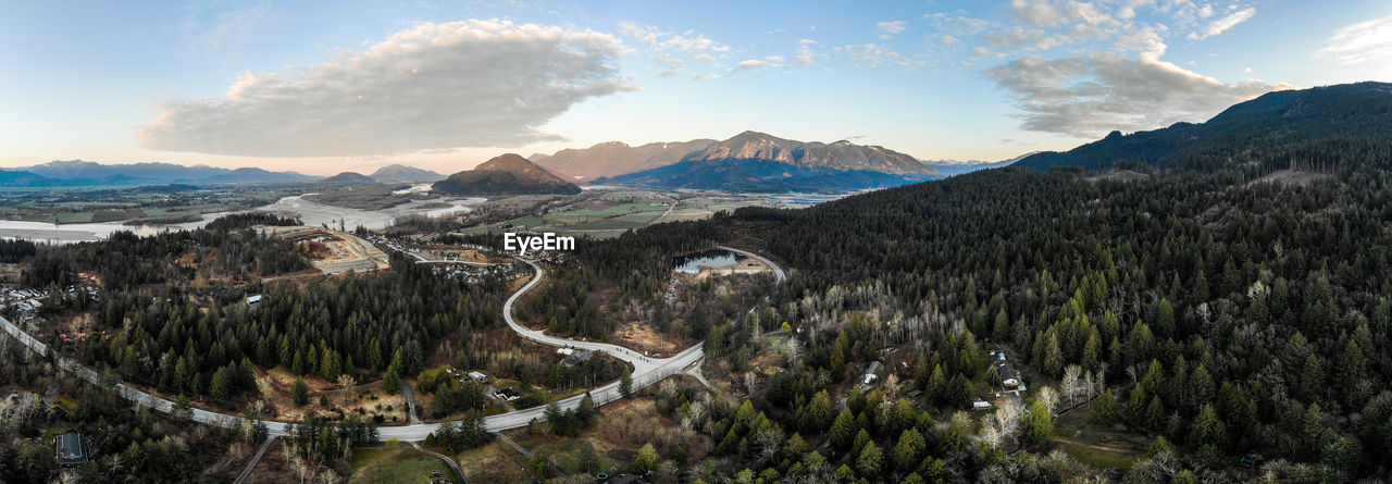 Aerial panorama of valley during sunrise