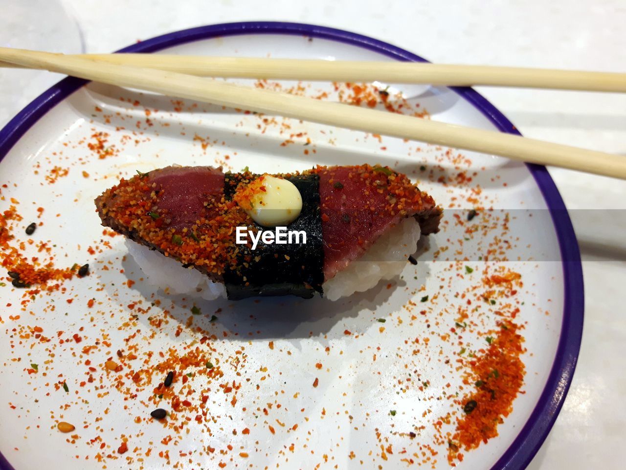 High angle view of sushi served in plate on table