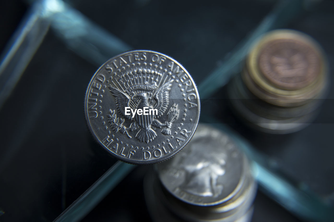 High angle view of coins