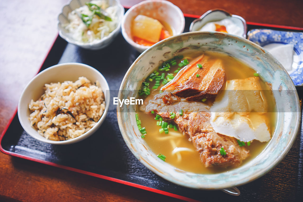 food and drink, food, healthy eating, bowl, asian food, meal, wellbeing, table, freshness, dish, lunch, no people, cuisine, meat, soup, indoors, vegetable, plate, seafood, high angle view, japanese food, rice - food staple, culture, crockery, curry, dinner, still life