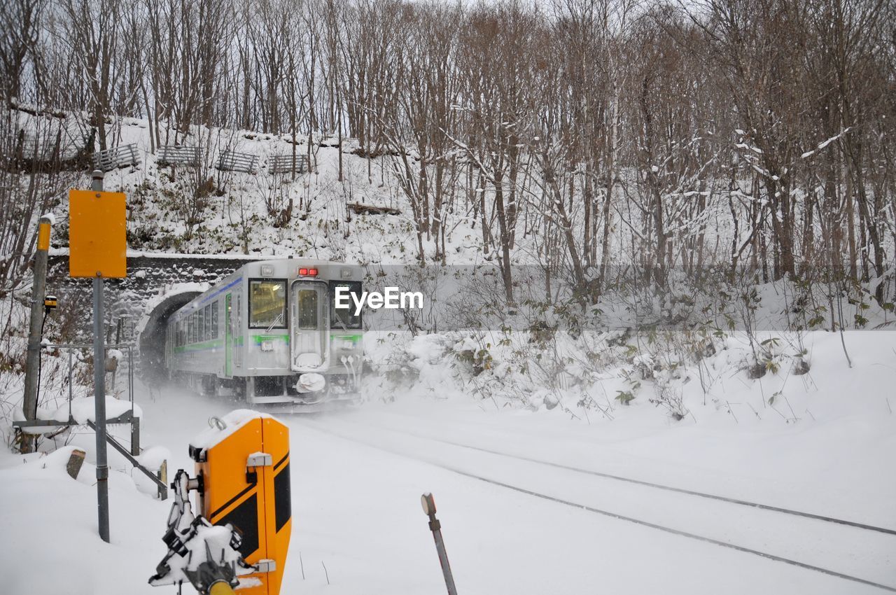 Train entering tunnel during winter