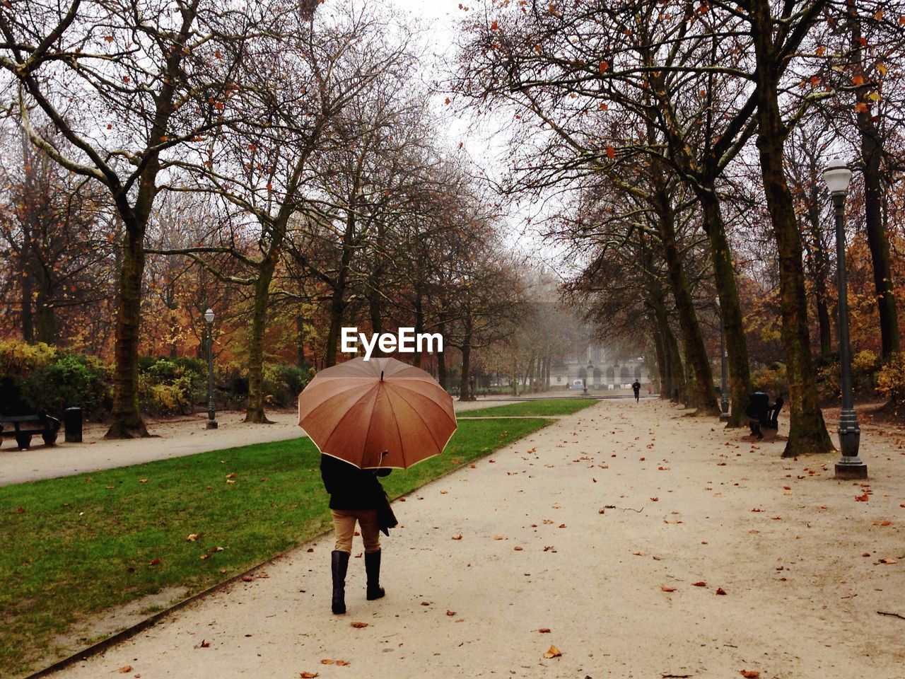 Rear view of woman walking under umbrella on footpath