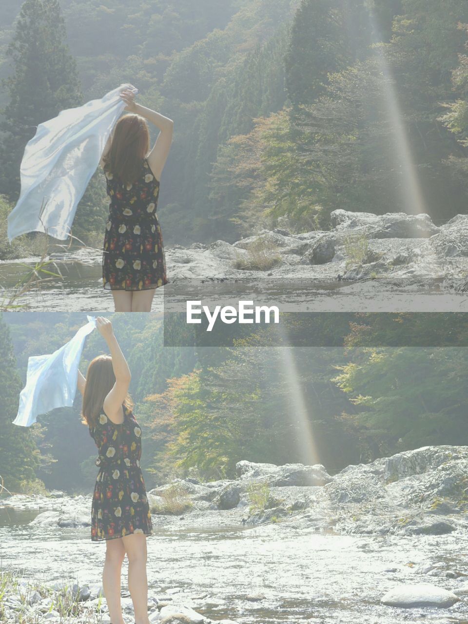 Collage of woman standing by river