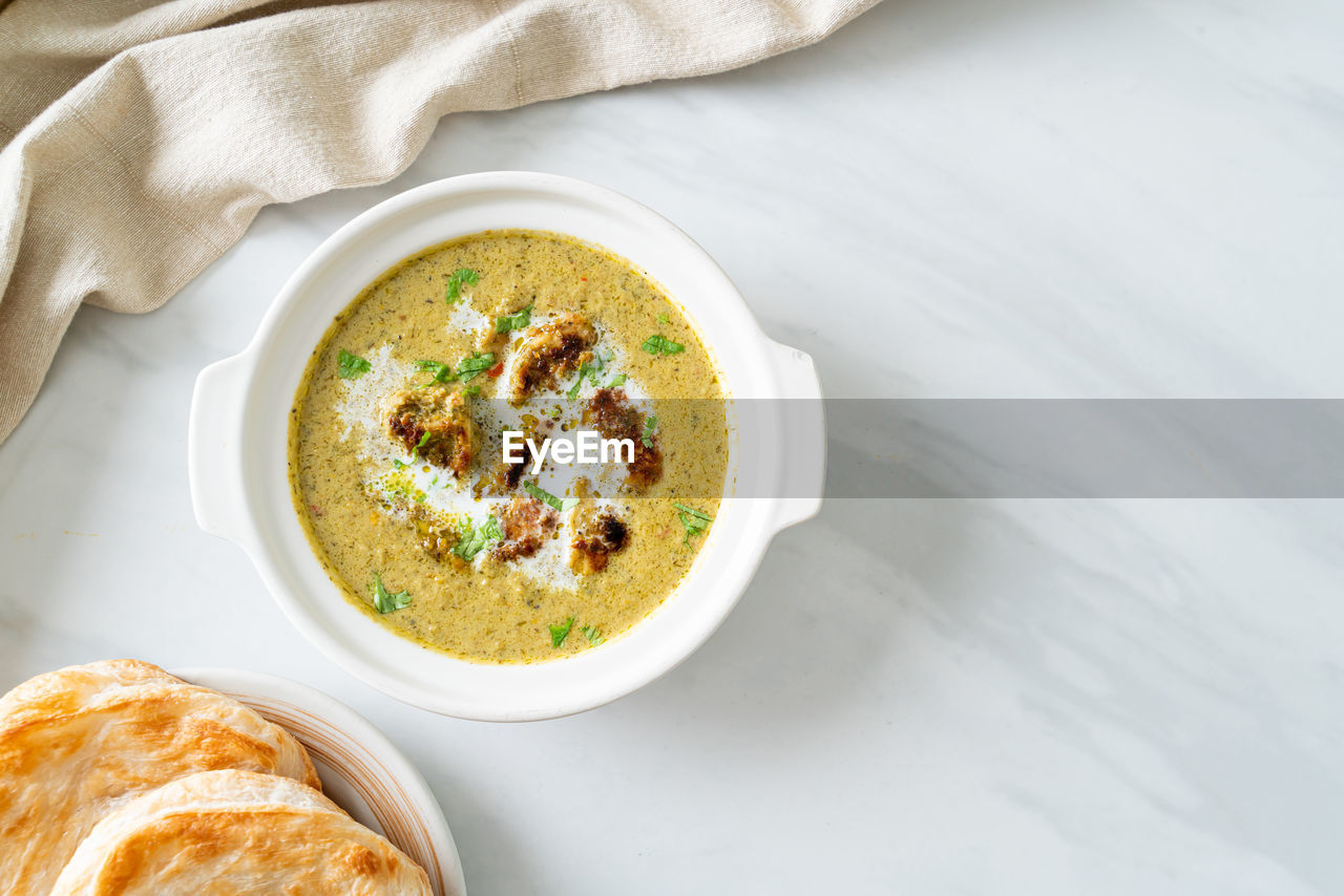 high angle view of food in bowl on table