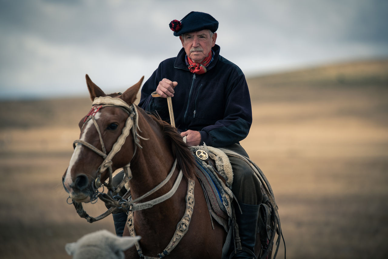 MAN RIDING HORSE ON LAND