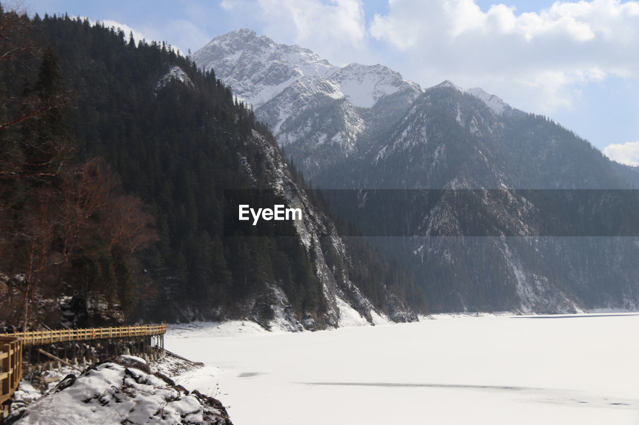 Scenic view of snow covered mountains against sky