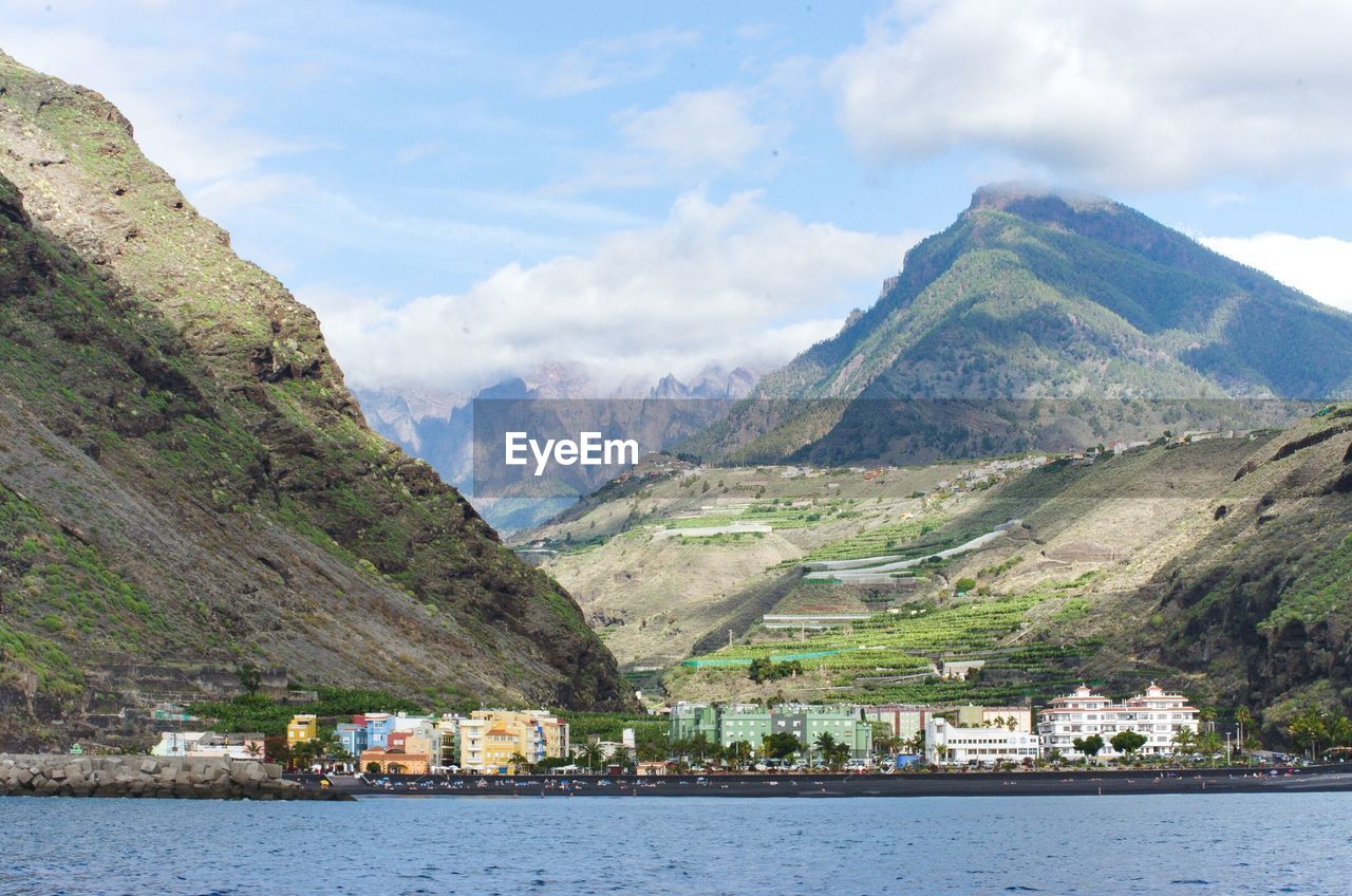 Scenic view of river against cloudy sky