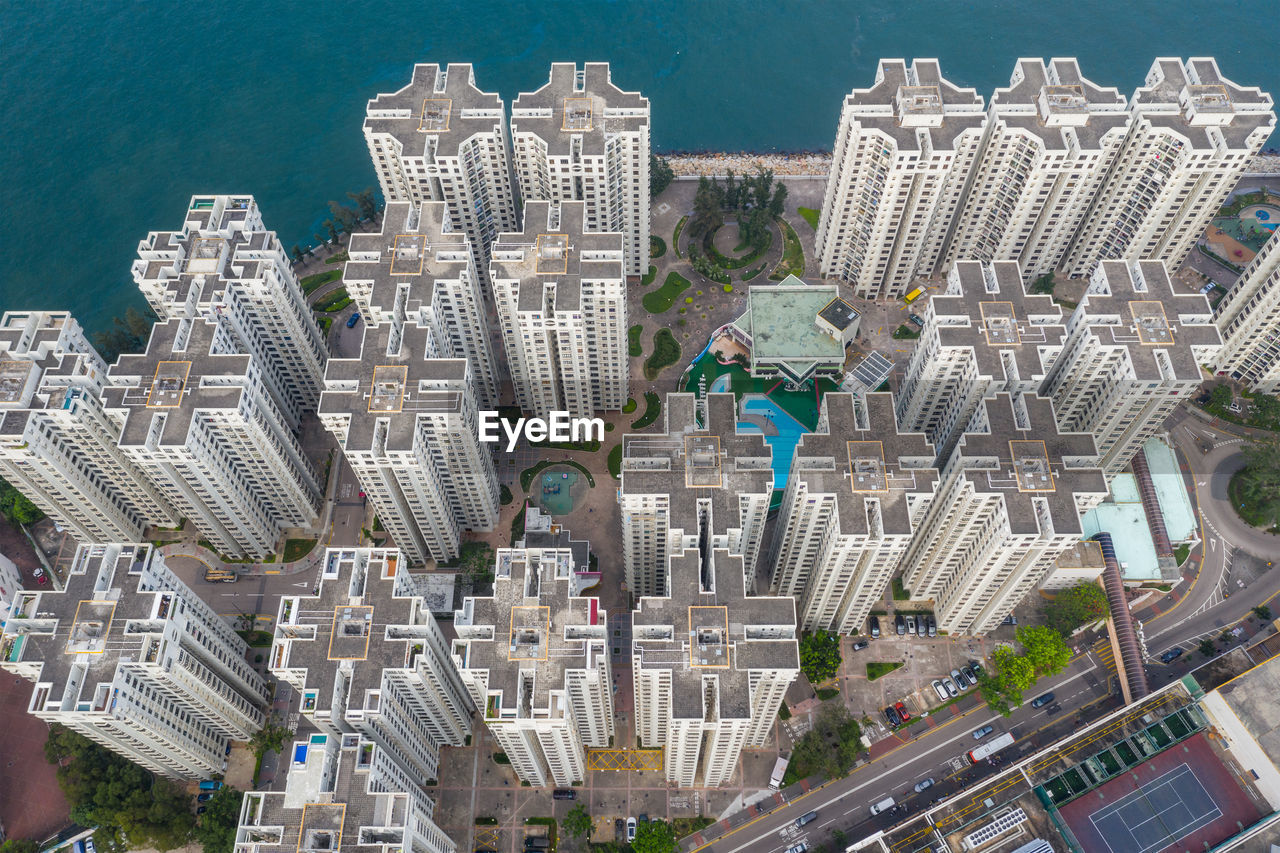 High angle view of buildings in city