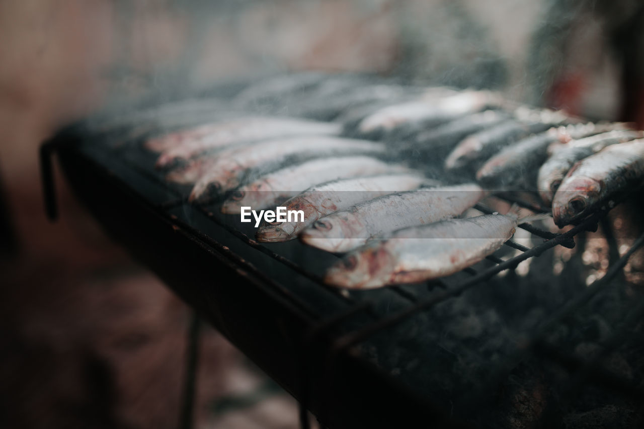 Close-up of fish on barbecue grill